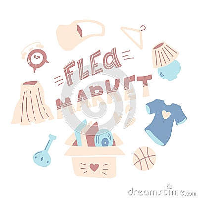 Items sold at flea markets and garage sales. Hand-drawn cartoon style. Vector Illustration